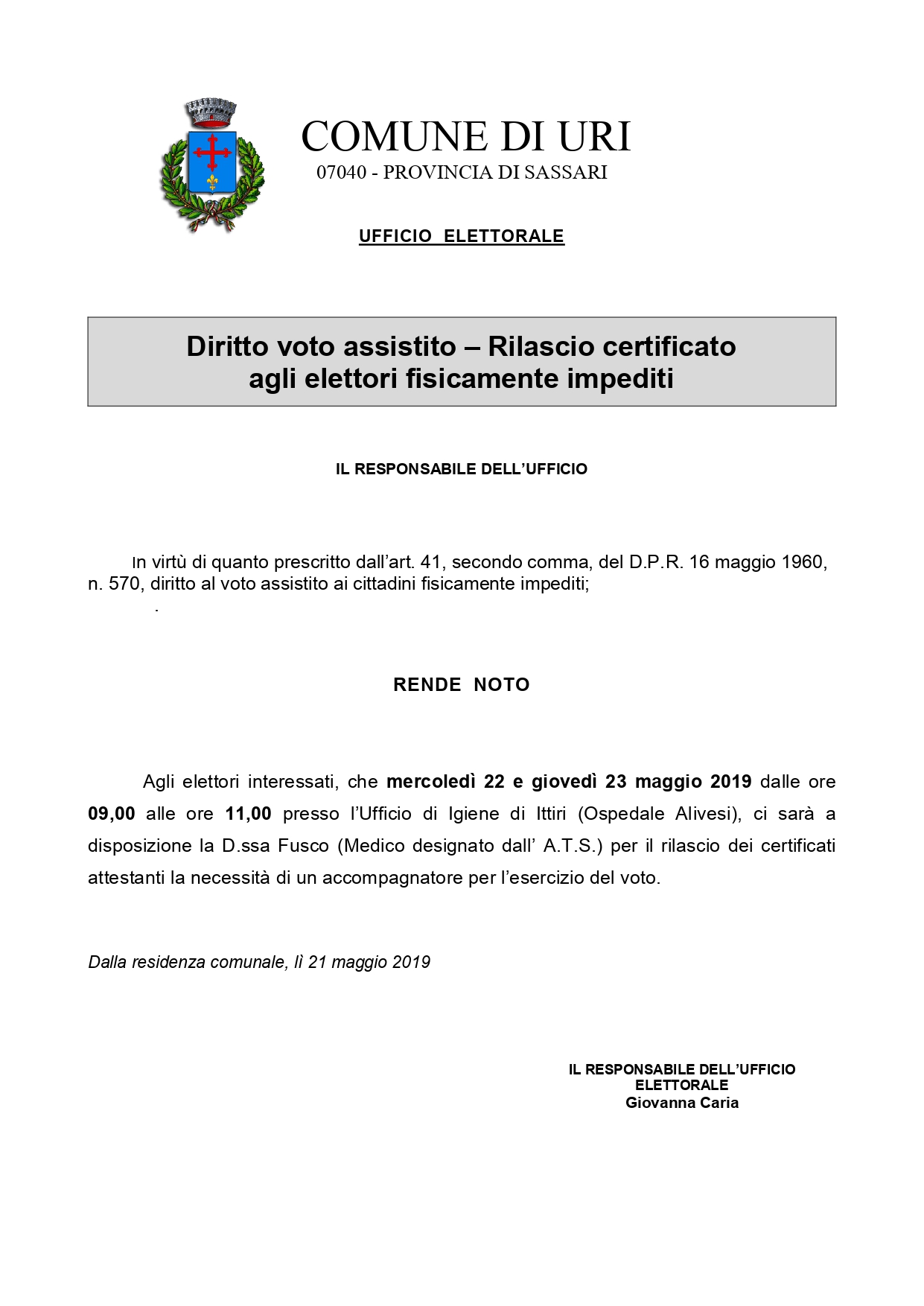 Elezione del Presidente della Regione e del XVI Consiglio Regionale della Sardegna. Domenica 24